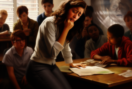 AI Image of a distressed teacher crying in front of her students.