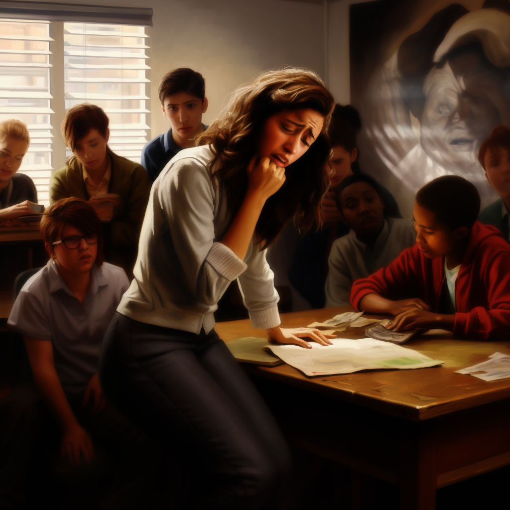 AI Image of a distressed teacher crying in front of her students.