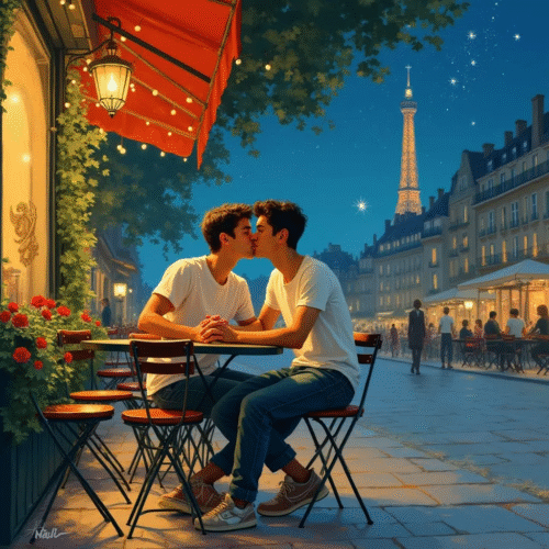 2-young-gay-men-in-t-shirts-kissing-at-a-sidewalk-cafe-in-paris-a-hot-summer-night-stars-beautiful-i
