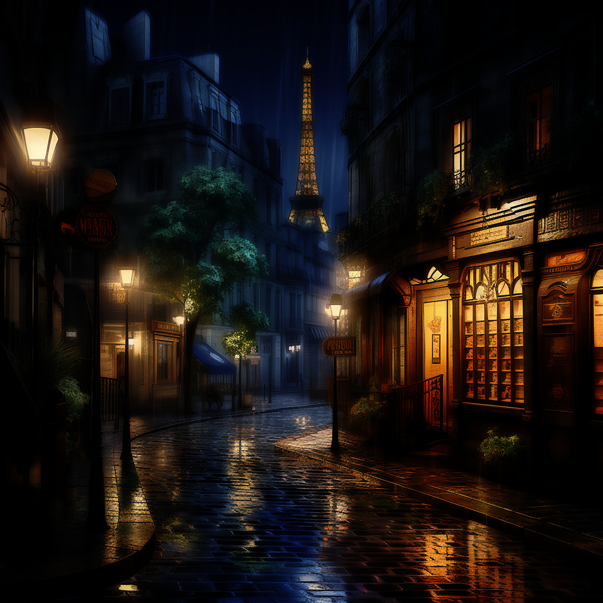 AI-generated scene of Paris, France, on a rainy night with a lighted Eiffel Tower behind.