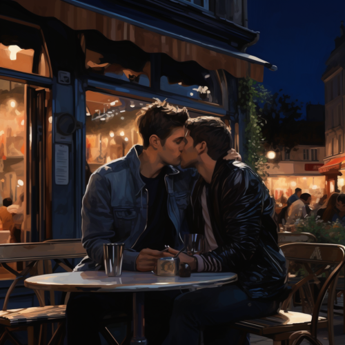 airbeagle_two_gay_young_men_kissing_at_a_sidewalk_cafe_Rue_du_S_2dda52d1-0f90-4da7-9a07-573a74f6730d