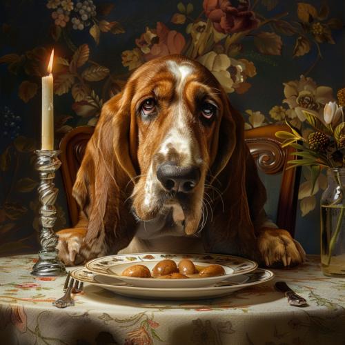 airbeagle_a_begging_basset_hound_at_the_dinner_table_photoreali_9fce450a-cbc2-4250-9763-25f694060c1d
